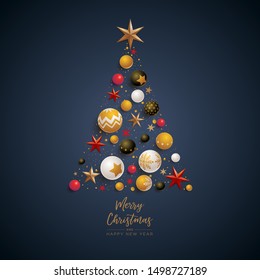 Merry Christmas and New Year greeting card design. Christmas tree composition with festive decoration elements. Vector illustration.