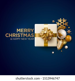Merry Christmas and New Year greeting card design. Festive Christmas decoration elements. Vector illustration.