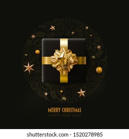 Merry Christmas and New Year greeting card design.  Black and gold color composition. Vector illustration. Elements are layered separately in vector file.