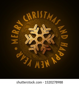 Merry Christmas and New Year greeting card design.  Black and gold color composition. Vector illustration. Elements are layered separately in vector file.