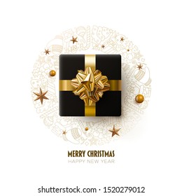 Merry Christmas and New Year greeting card design.  White, gold and black color composition. Vector illustration. Elements are layered separately in vector file.