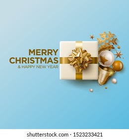 Merry Christmas and New Year greeting card design. Festive Christmas decoration elements. Vector illustration.
