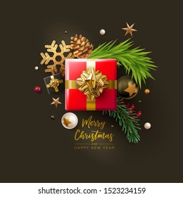 Merry Christmas and New Year greeting card design. Vector illustration. Elements are layered separately in vector file.
