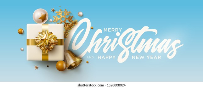 Merry Christmas and New Year greeting card design. Festive Christmas decoration elements. Vector illustration.