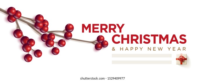 Merry Christmas and New Year greeting card design. Christmas berry branch, gift box and text space. Vector illustration. Elements are layered separately in vector file.