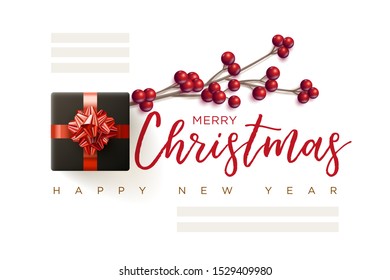 Merry Christmas and New Year greeting card design. Christmas berry branch, gift box and text space. Vector illustration. Elements are layered separately in vector file.