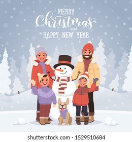 Merry Christmas and New Year greeting card with the inscription. Family with a snowman on the background of a winter landscape. Holiday in the xmas season . Vector illustration in cartoon style