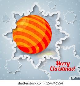 Merry christmas and new year greeting card with paper cut out snowflake, and picture of new year tree toy on it. With craft paper texture.