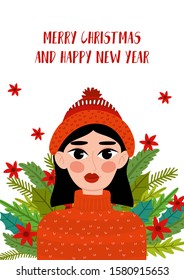 Merry Christmas and New year  greeting card or poster with girl. Cute girl.  Winter Holiday. Hand drawn illustration