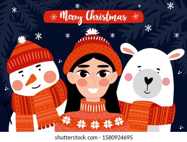 Merry Christmas and New year  greeting card or poster with girl, Snowman and Bear. Cute girl.  Winter Holiday. Hand drawn illustration