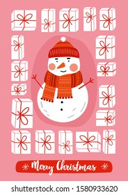 Merry Christmas and New year  greeting card or poster with Snowman. Cute Snowman with gifts.  Winter Holiday. Hand drawn illustration