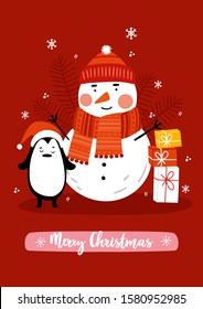 Merry Christmas and New year  greeting card or poster with Snowman. Cute Snowman and Penguin with gifts.  Winter Holiday. Hand drawn illustration