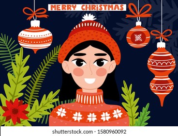 Merry Christmas and New year  greeting card or poster with girl. Cute girl. Christmas tree decorations Winter Holiday. Hand drawn illustration