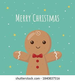 Merry Christmas and new year greeting with gingerbread cookie cartoon card on blue background. vector Illustration.