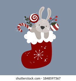 Merry Christmas and New Year greeting card. Christmas Clipart with cute bunny. Vector illustration.