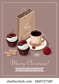 Merry Christmas and New Year greeting card. Cupcakes with cherry and cup of coffee.  Vector templete