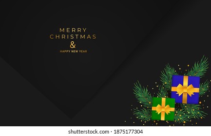 merry christmas and new year greeting card with presents, glitters and branches