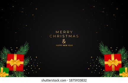 merry christmas and new year greeting card with presents, glitters and branches
