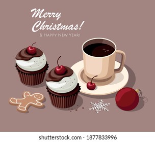 Merry Christmas and New Year greeting card. Cupcakes with cherry and cup of coffee. Vector Illustration