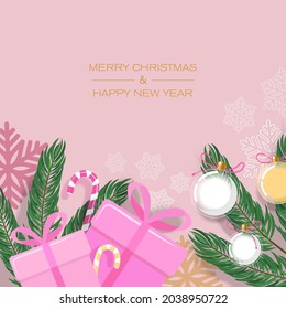 Merry Christmas and New Year greeting card or poster. Snowflake, candy, gifts box. Glass Balls hanging on tree. Pink background