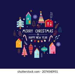 Merry Christmas and New Year greeting card 2022 with hand drawn christmas elements - houses, christmas balls, christmas trees with toys around the holiday greetings.Template for design,print.Vector
