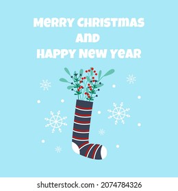Merry Christmas
and New Year greeting card. Vector illustration in flat style.