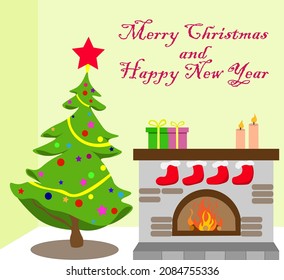 Merry Christmas and New Year greeting card. fireplace with burning fire and gift boxes on it, and Christmas tree decorated with toys. fireplace is decorated with socks. Vector image