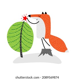 Merry Christmas or New Year greeting card. Cartoon fox decorating Christmas tree. Cute character puts star on top of tree in forest. Vector illustration isolated for banner, poster, cover, invitation