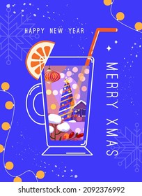 Merry Christmas and New Year greeting vector card, party invitation. Cocktail, drink glass with orange fruit slice. Abstract winter holiday landscape in wineglass. Traditional Christmas fair concept