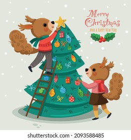 Merry Christmas and New year greeting card with squirrel characters and Christmas tree content.