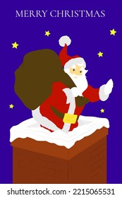 A Merry Christmas and New Year greeting card 2022 with a cute Santa Claus and a bag of gifts and a chimney. Festive cartoon character in the winter season - Vector illustration
