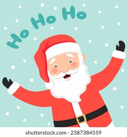 Merry Christmas and New Year greeting card. Cute Santa Claus is waving his hands. Vector illustration in cartoon style.