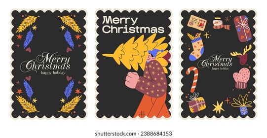 Merry Christmas and New Year greeting cards in retro 90s cartoon style. holiday poster, gift. Christmas illustration with tree, balls, snowflakes, decorations, gifts.