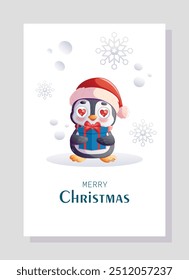 Merry Christmas and New Year greeting card. The Christmas character is a penguin in a Santa hat and a gift. Vector illustration for poster, banner, postcard, invitation, cover.