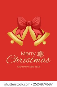 Merry Christmas and New Year greeting card on a red background. Two festive bells and a red bow. Christmas decor. Vector illustration