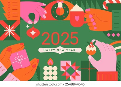 Merry Christmas and New Year greeting banner, poster, card. Trendy modern design background with christmas symbols and hands holding Christmas tree toy,gift, hot drink. Template design.Vector