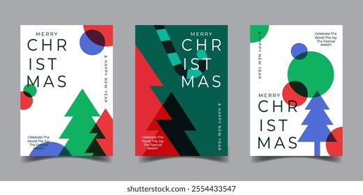 Merry christmas and new year greeting card with christmas tree colorful art cover set collection