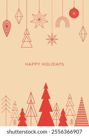 Merry Christmas and New Year Greeting Card in Minimalistic Scandinavian Style with Christmas tree balls and Christmas trees. Vector Template