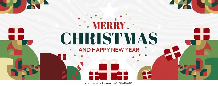 Merry Christmas and New Year greeting backgrounds. Trendy Xmas banners with geometric shapes. Horizontal Christmas headers for websites, profile covers, holiday posters, prints, and seasonal wish.