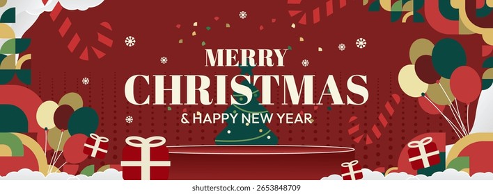 Feliz Natal e Ano Novo saudação fundos. Banners Xmas da moda com formas geométricas. Cabeçalhos de Natal horizontais para sites, capas de perfil, cartazes de férias, impressões e desejo sazonal.