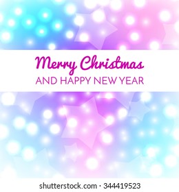 Merry Christmas and New Year greeting card on a colorful bokeh background. Vector illustration. Design by flyer, banner, poster, printing, mailing.