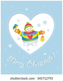 Merry Christmas! Christmas and New Year greeting card. Fun snowman. Vector illustration.
