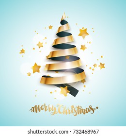 Merry Christmas and new year greeting card with stylized bright ribbon Christmas tree and stars. Vector illustration.