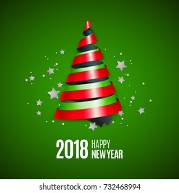 Merry Christmas and new year greeting card with stylized bright ribbon Christmas tree and stars. Vector illustration.