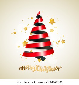 Merry Christmas and new year greeting card with stylized bright ribbon Christmas tree and stars. Vector illustration.