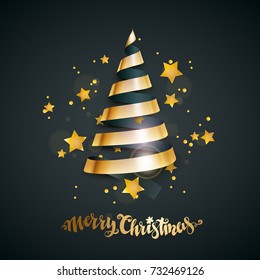 Merry Christmas and new year greeting card with stylized bright ribbon Christmas tree and stars. Vector illustration.