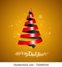 Merry Christmas and new year greeting card with stylized bright ribbon Christmas tree and stars. Vector illustration.