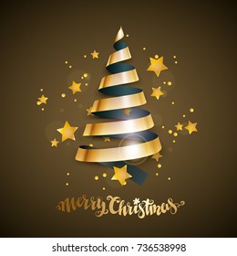 Merry Christmas and new year greeting card with stylized bright ribbon Christmas tree and stars. Vector illustration.