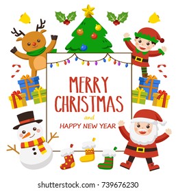 Merry Christmas and New Year greeting card. Cute kids dressed in Christmas costumes. Template for advertising brochure.