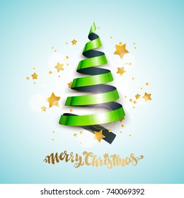 Merry Christmas and new year greeting card with stylized bright ribbon Christmas tree and stars. Vector illustration.